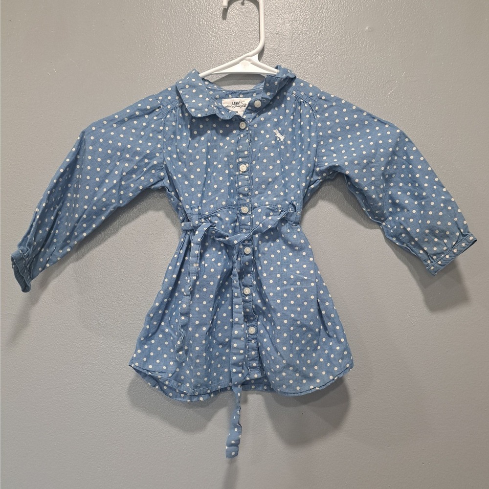 LOGG‎ H&M 9M Blue Polka Dot Cotton Button Front Shirt Dress Long Sleeve Belt